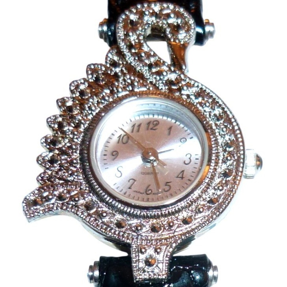 Vintage Avon Peacock Watch NOS New Battery Crystal Marcasite Fan Dial Black Band